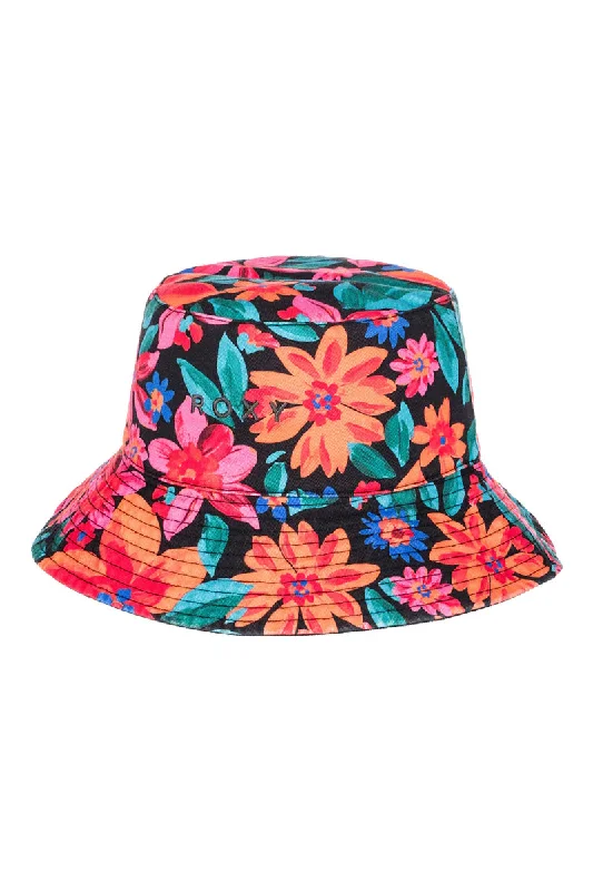 trendy-fedora-hat-Roxy Jasmine Paradise Reversible Bucket Hat - Anthracite Floral Fiesta Big