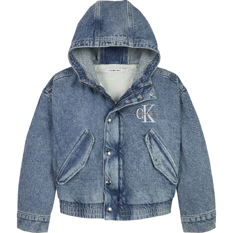 Camping hiking distance tips-Calvin Klein Modern Blue Cf Denim Hooded Jacket