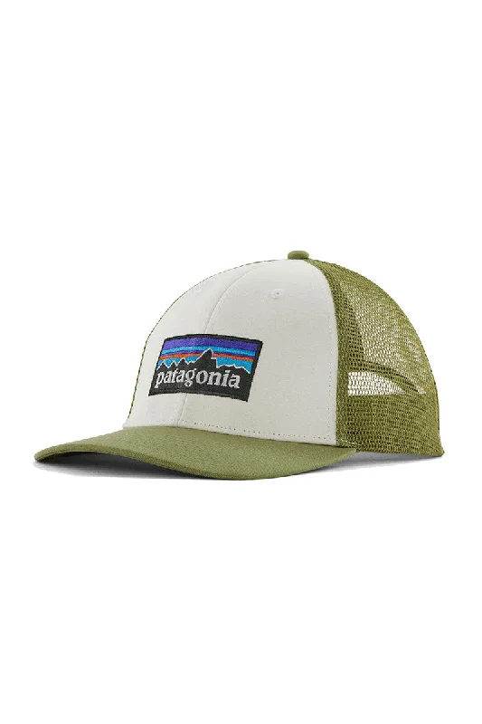 leather-trilby-hat-Patagonia P-6 Logo LoPro Trucker Hat - White W/Buckhorn Green