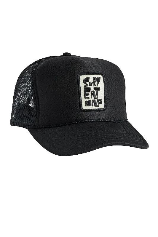 lightweight-safari-hat-Black Embroidered Surf Eat Nap Snapback Trucker Hat