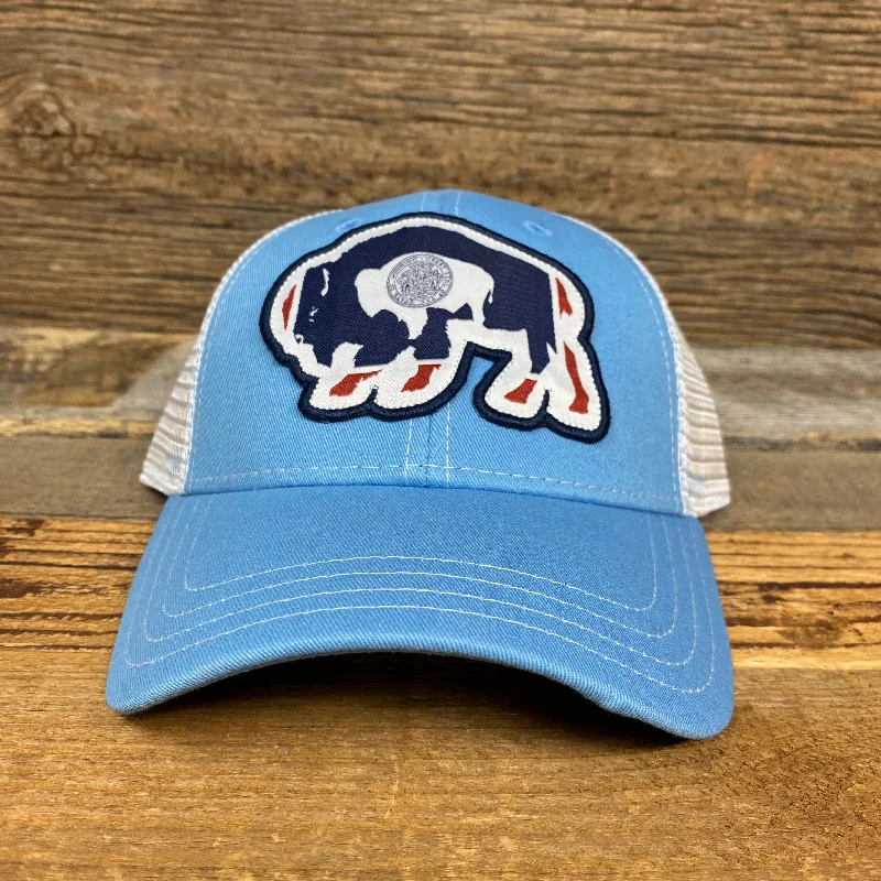 casual-visior-hat-Surf Wyoming® Flag Bison Trucker - Light Blue