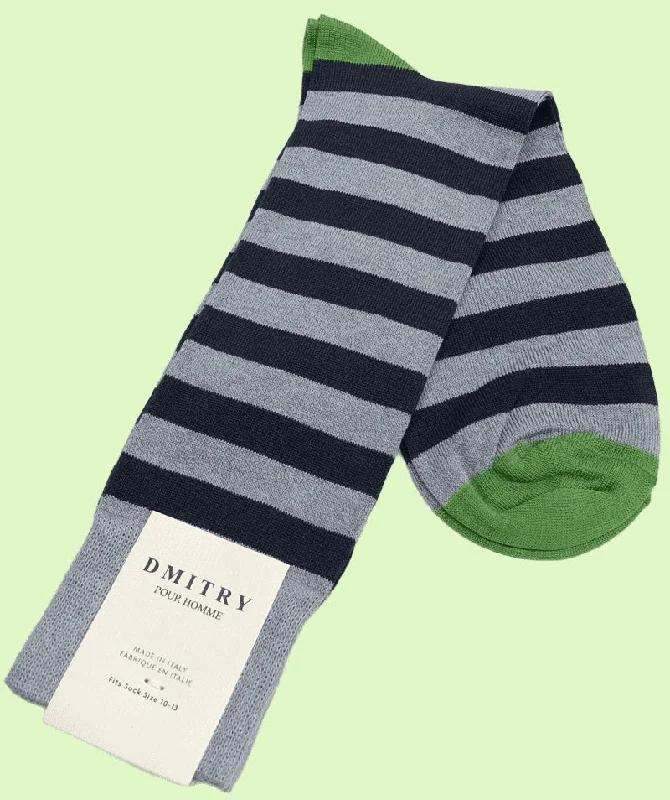 heated socks for winter-DMITRY Navy Striped Made in Italy Mercerized Cotton Blend Socks