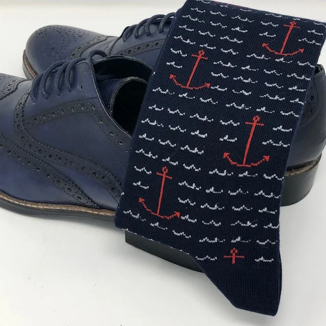 hiking socks with liners-DMITRY Navy Anchor Patterned Made in Italy Mercerized Cotton Blend Socks