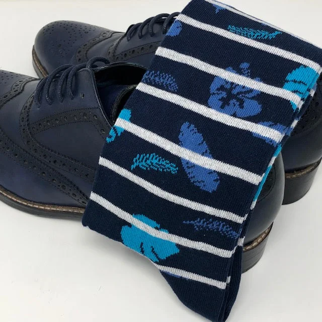 socks for sweaty feet-DMITRY Navy Patterned Made in Italy Mercerized Cotton Blend Socks