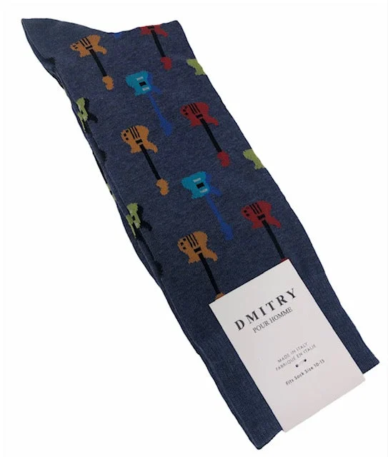 colorful socks for fashion-DMITRY Blue Guitar Patterned Made in Italy Mercerized Cotton Socks