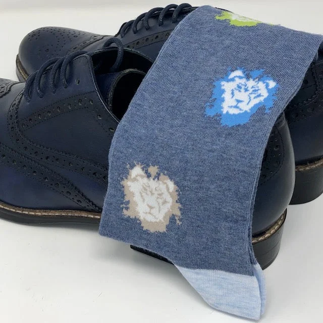 non-binding socks-DMITRY Blue Lion Patterned Made in Italy Mercerized Cotton Blend Socks