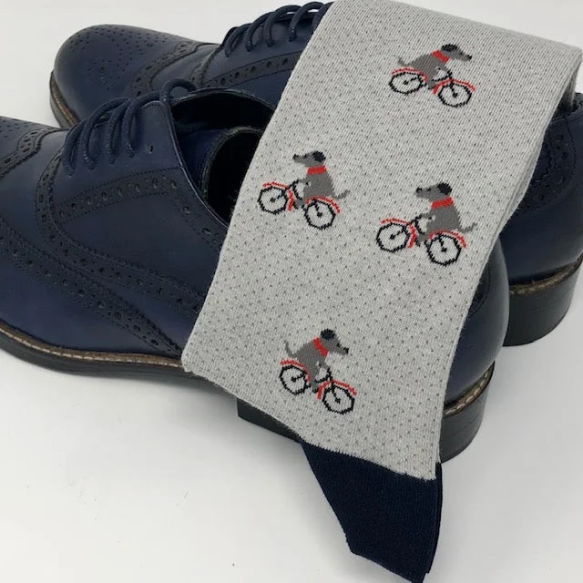 hypoallergenic socks-DMITRY Light Grey Dog On Bike Patterned Made in Italy Mercerized Cotton Blend Socks