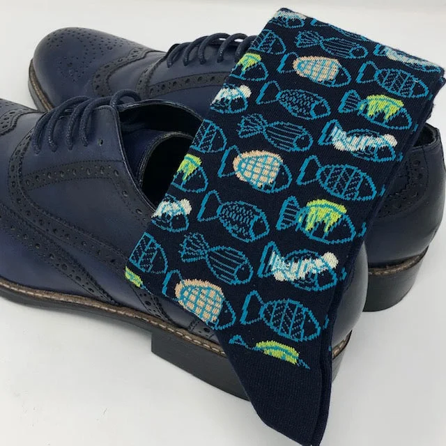 moisture-resistant socks-DMITRY Navy Fish Patterned Made in Italy Mercerized Cotton Blend Socks