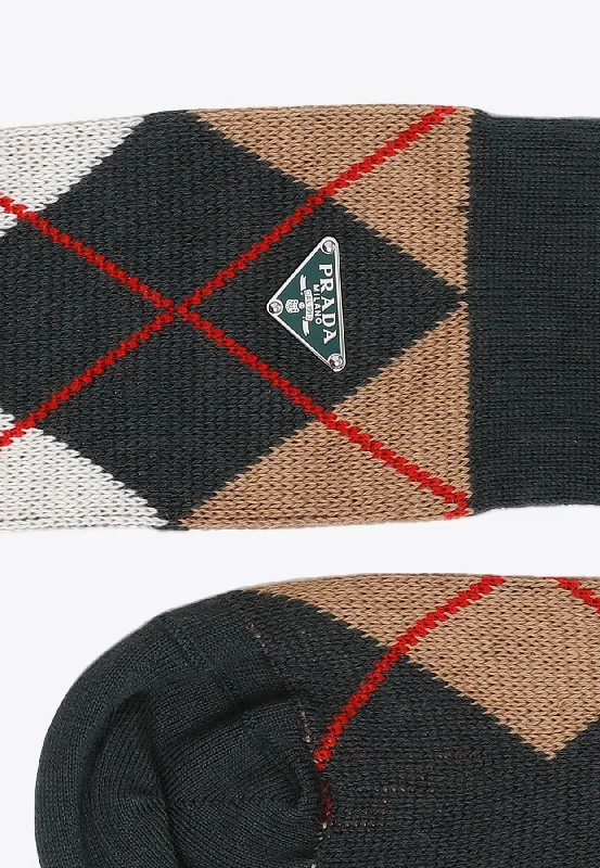 socks with thin fabric-Argyle Check Ribbed Socks