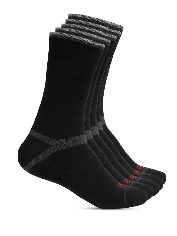 socks with ankle support-Men's Black Fashion Crew length Terry Socks -Pack of 5