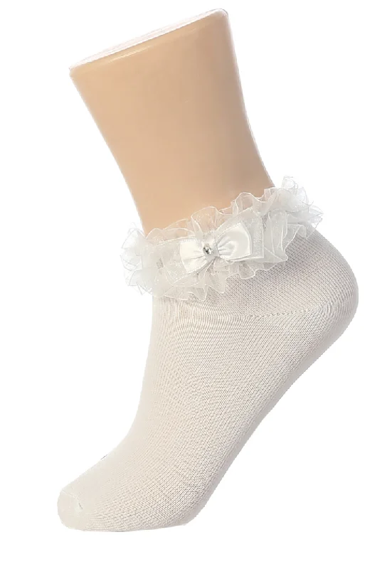 padded socks for jogging-Tip Top Ruffle Rhinestone Bow Socks